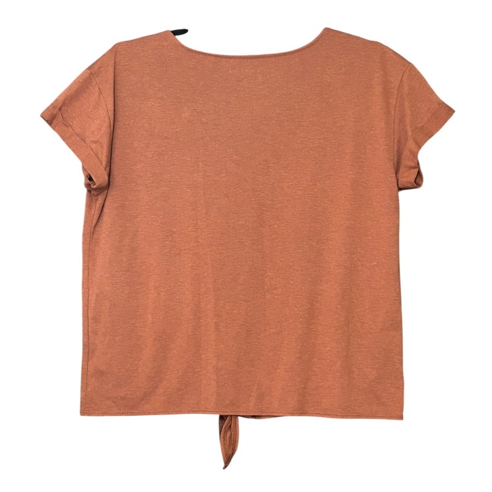 American Eagle Top Womens Size M Brown Waist Tie S/S Poly Linen Blend Stretch - Picture 2 of 8